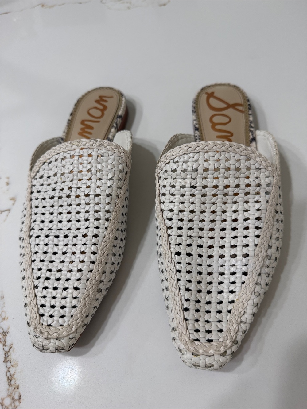Sam Edelman Clara Ivory Woven Leather Mule Backless & Snakeskin on Heel | 8.5
